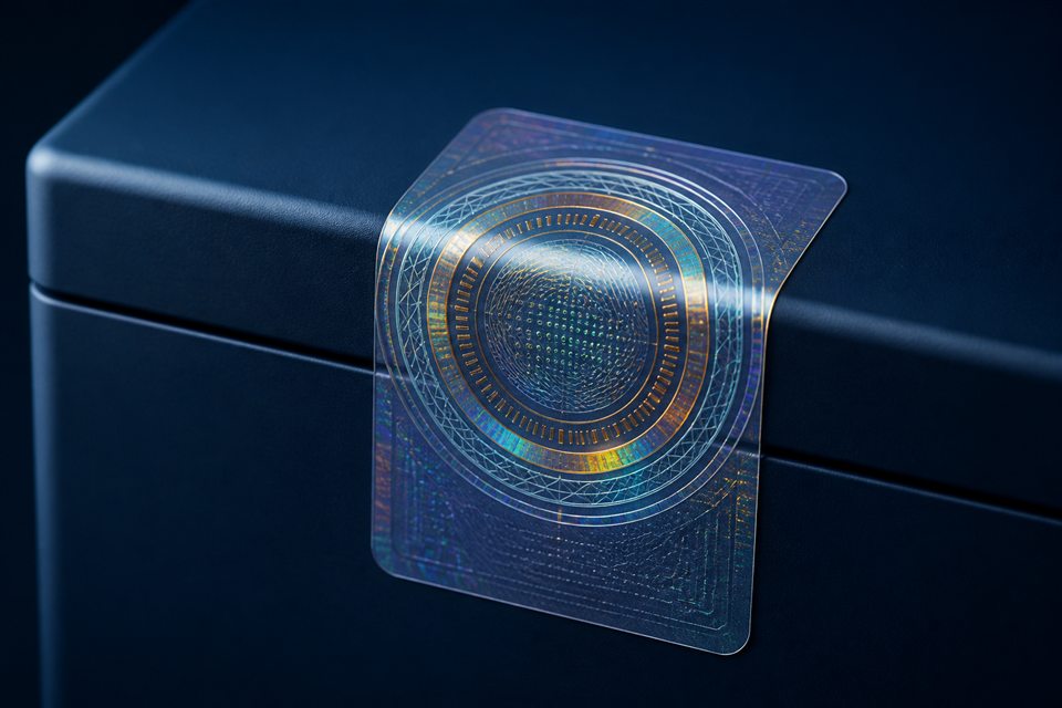 Holographic security and product-authentication label applied to industrial packaging