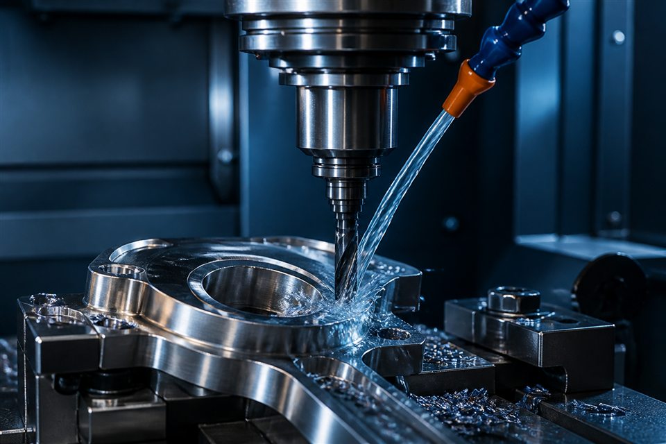 Metalworking fluid cooling and lubricating a cutting tool during CNC machining
